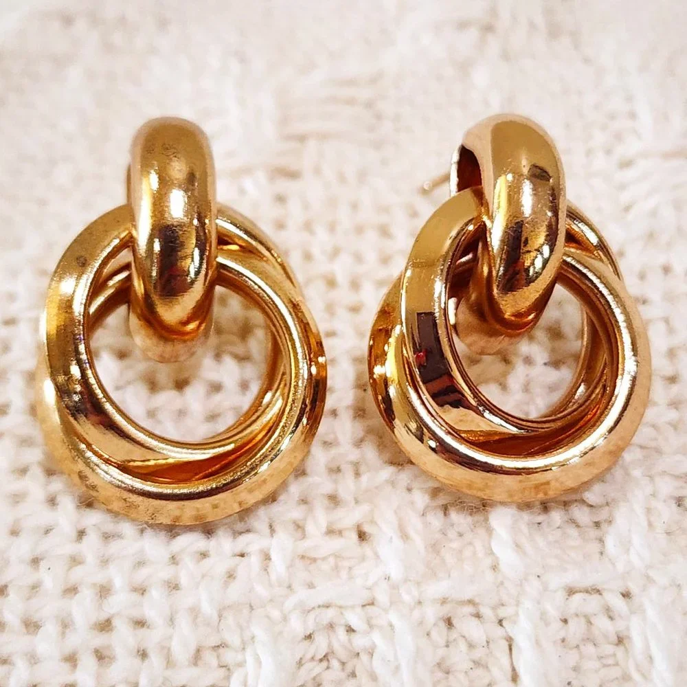 Gold Double Ring Knot Half Circle Stud Classy Office Pierced Earrings